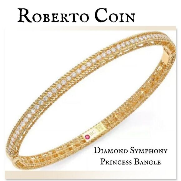 Authentic New Roberto Coin Diamond Symphony Princess Bangle In 18kt Yellow Gold - Picture 1 of 14